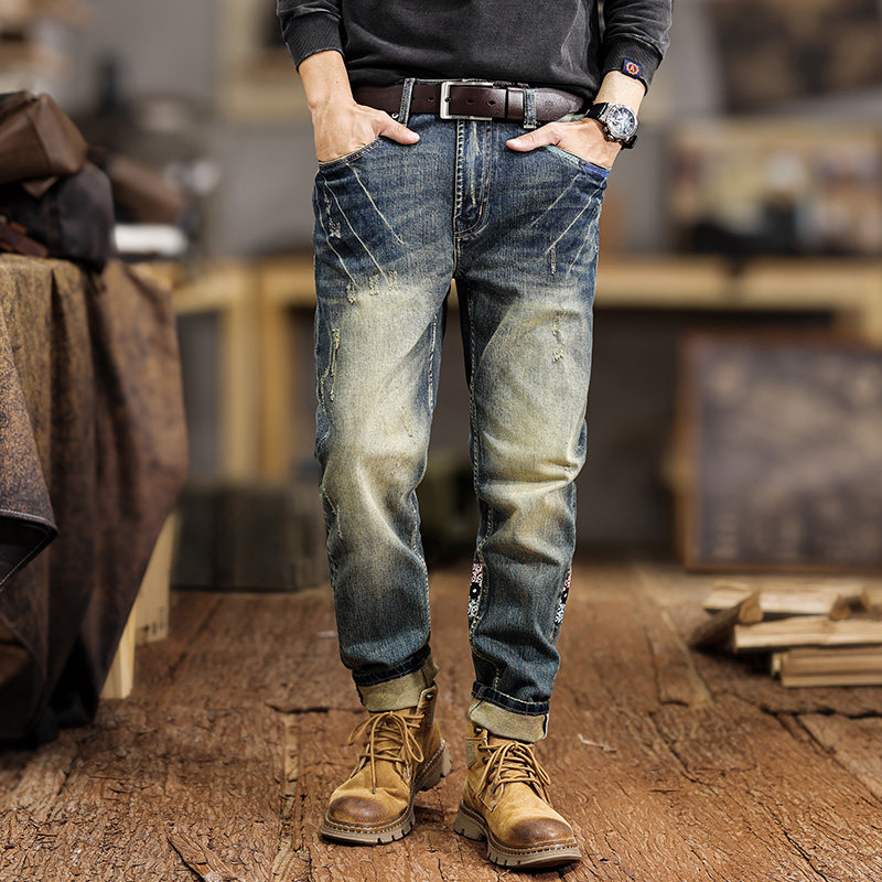 美式潮牌高级感复古牛仔裤男秋冬季修身高端直筒男士做旧长裤子潮