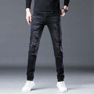 秋冬季破洞补丁牛仔裤男款潮牌修身小脚休闲乞丐长裤子男韩版潮流