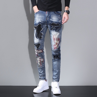 小脚长裤 涂鸦破洞补丁弹力修身 潮流 男2023年秋冬季 高端潮牌牛仔裤