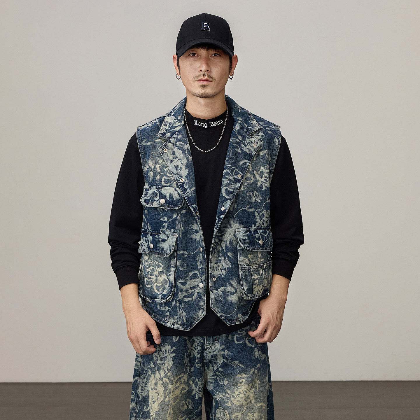 春秋西装领工装印花牛仔马甲男