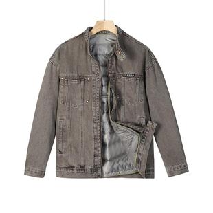 欧货高端立领牛仔外套男机车无领夹克做旧复古可拆加绒拉链褂子衣