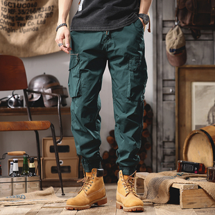 春夏季纯色工装休闲裤男款潮牌多口袋纯棉束脚宽松哈伦长裤子男士