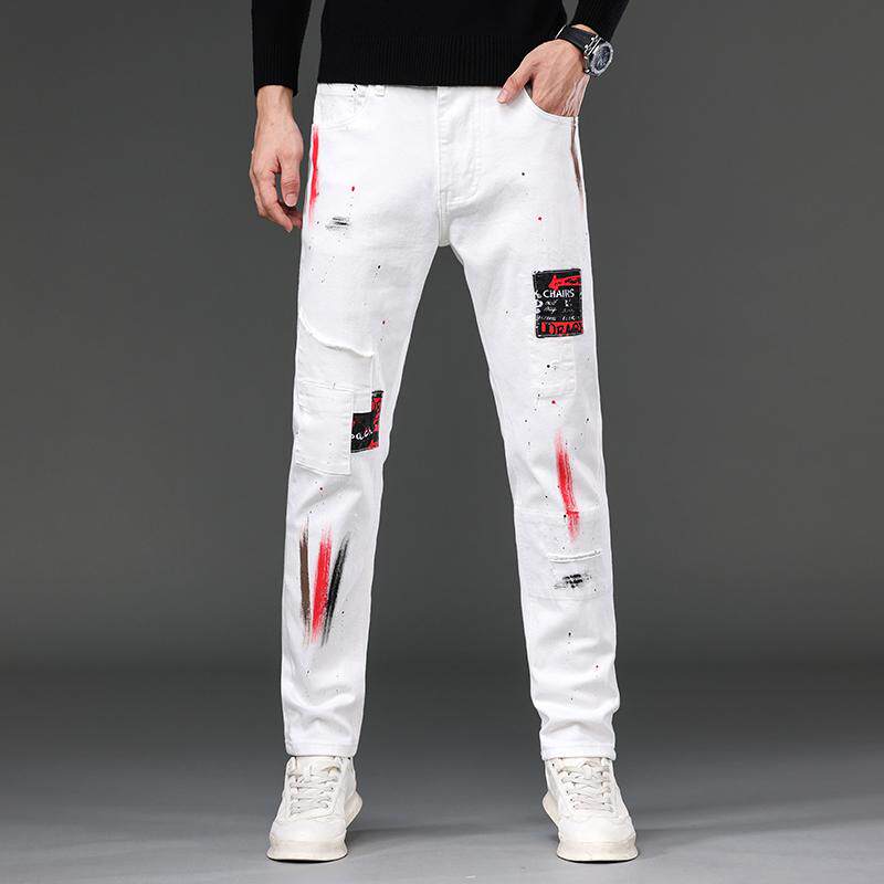 白色破洞泼墨牛仔裤男款潮牌美式高街复古贴补乞丐修身小脚长裤子