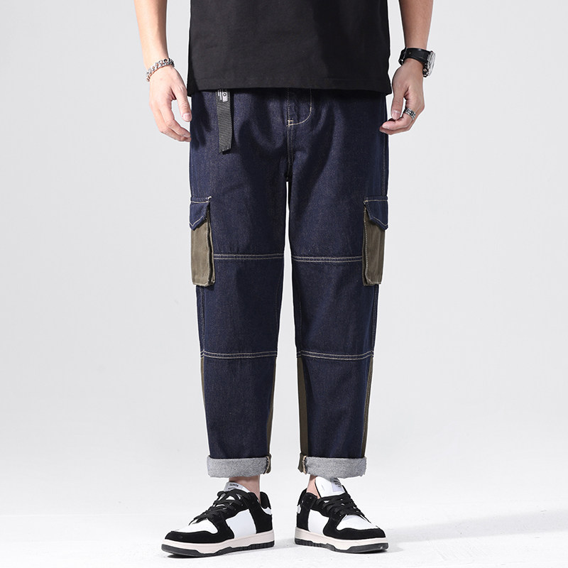 日系潮牌拼色贴布牛仔裤男潮流宽松直筒大码阔腿工装多袋休闲裤子