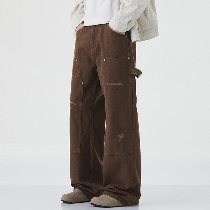 复古伐木工装风牛仔裤男春秋季多口袋铆钉装饰宽松阔腿百搭长裤子,男装,牛仔裤,淘宝优惠券,粉丝福利购,淘宝优惠卷