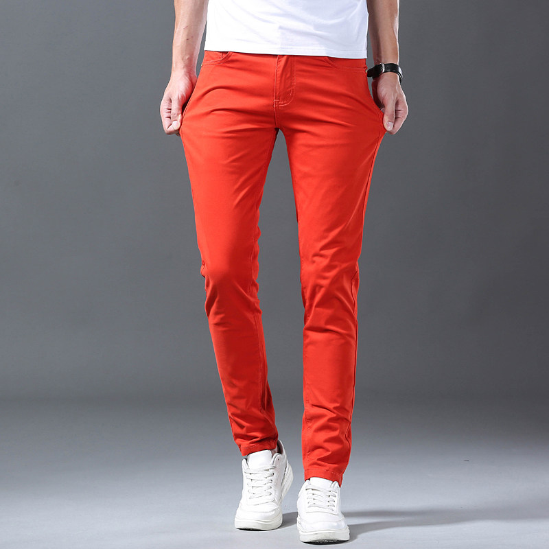 夏季薄款桔红色牛仔裤男士潮牌修身小脚高端弹力休闲长裤子男潮流