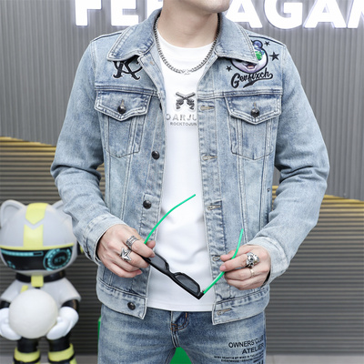 春秋季翻领修身烫钻牛仔外套