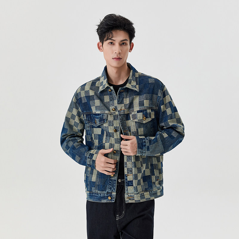 高端复古棋盘格提花牛仔外套男款春秋季美式高街宽松休闲夹克上衣