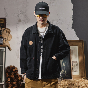 美式宽松大码工装牛仔外套男潮胖加肥加大翻领夹克多口袋上衣外穿