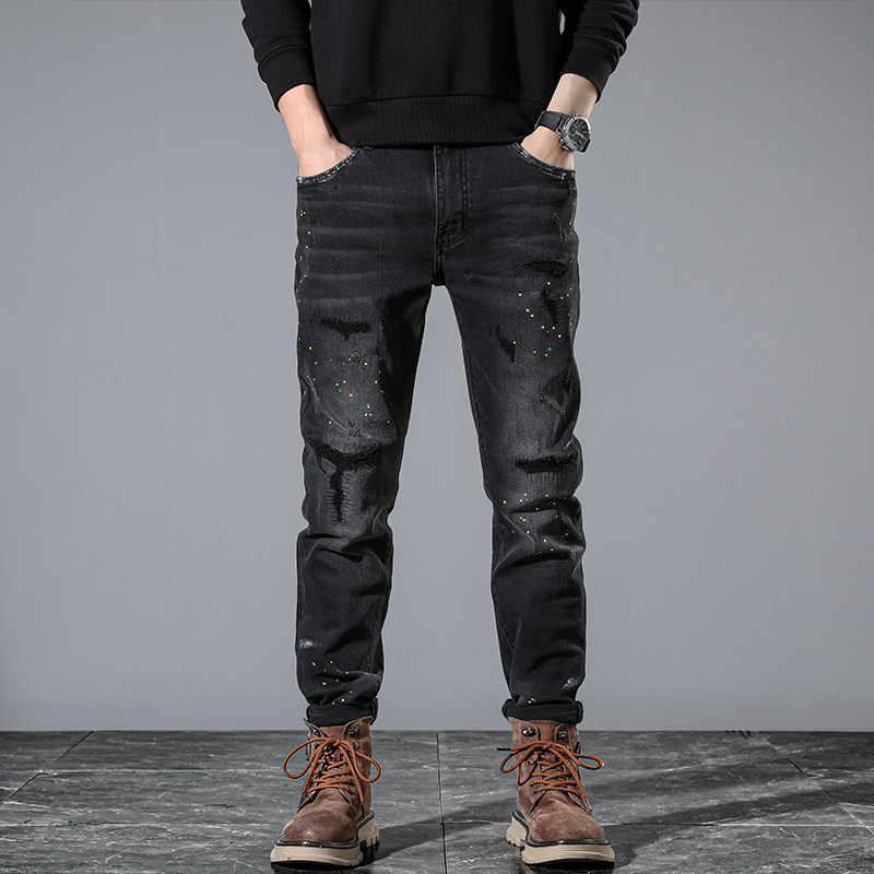 香港轻奢黑色泼墨牛仔裤男修身直筒秋冬季破洞刮烂潮牌长裤子痞帅