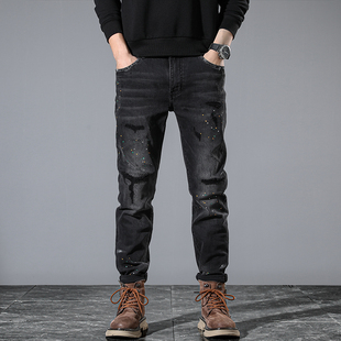 香港轻奢黑色泼墨牛仔裤男修身直筒秋冬季破洞刮烂潮牌长裤子痞帅