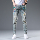 高端复古多彩泼墨破洞牛仔裤 子 小脚长裤 男欧货春秋季 潮牌痞帅修身