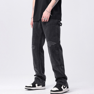 高街破洞牛仔裤男款棕色春秋新款美式阔腿长裤宽松直筒休闲裤子男