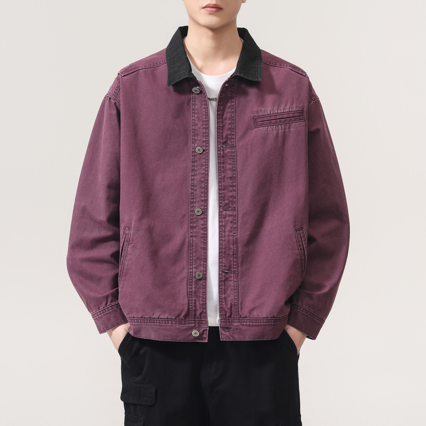 美式复古工装风拼色翻领夹克男春秋季宽松潮流百搭高级感外套上衣