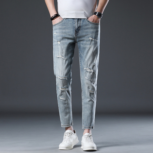 春秋季痞帅破洞牛仔裤男士潮流男款潮牌小脚乞丐炸街弹力九分裤子