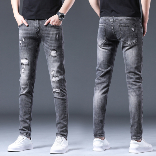 破洞补丁牛仔裤男弹力修身小脚春秋季男士休闲乞丐长裤子2023新款