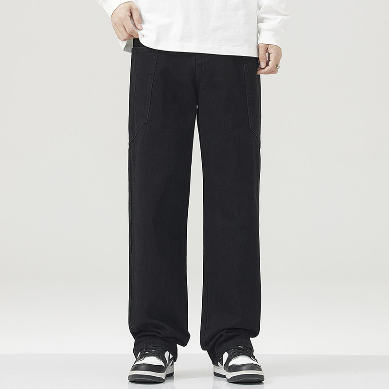 美式工装黑色牛仔裤男潮牌春秋款水洗宽松休闲百搭直筒阔腿长裤子
