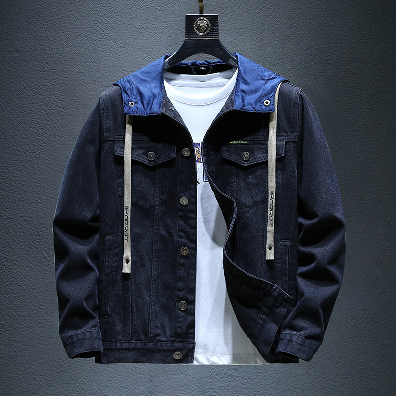 春秋款牛仔假两件外套男士宽松大码连帽夹克休闲学生工装上衣男装