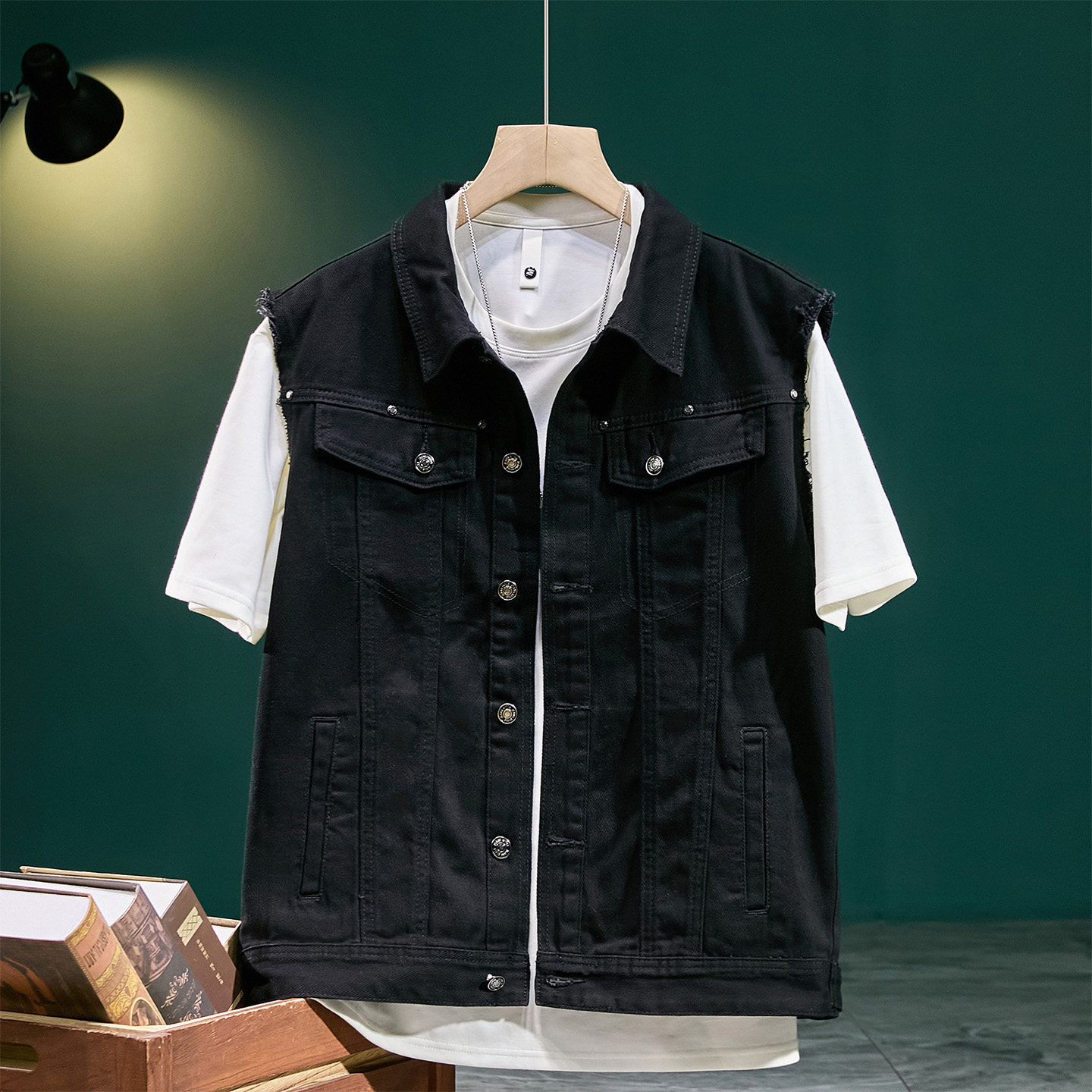 高端潮牌复古水洗牛仔马甲男春秋季宽松无袖休闲坎肩背心翻领外套