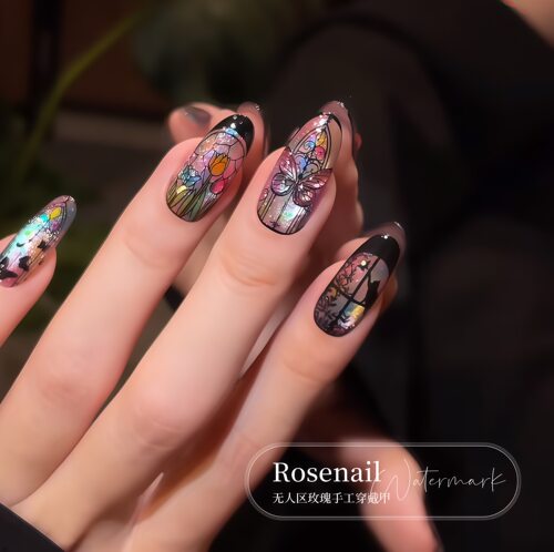 琉璃花窗复古中世纪教堂猫眼穿戴甲手绘美甲贴片高级感假指甲C95