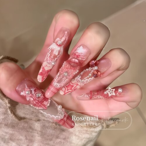樱落兔姬甜酷粉色少女穿戴甲Y2K长款手工美甲贴片可重复使用C114