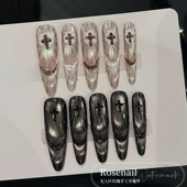 神谕圣光巴洛克十字架猫眼穿戴甲长款 鸳鸯手绘美甲贴片假指甲544