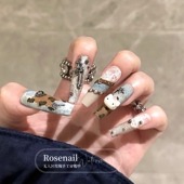 豹纹牛仔KT甜酷辣妹风穿戴甲长款 美甲复古风手绘可拆卸假指甲536