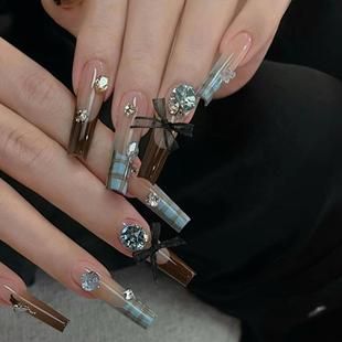棕蓝冰格穿戴甲小碎钻纯手工法式 穿戴美甲渐变清新假指甲美甲465