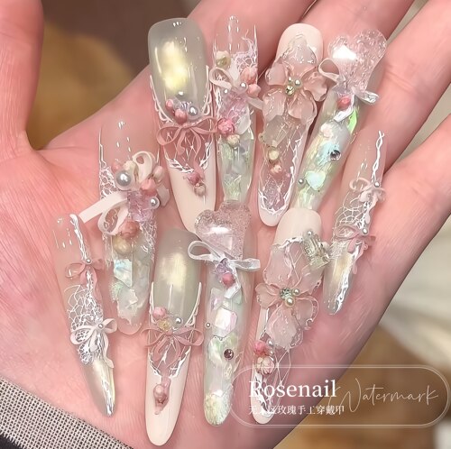 桃青花钿高级感纯手工美甲贴片长款干花穿戴甲假指甲可拆卸c85