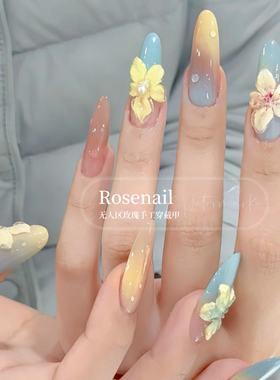 蜜桃栀夏穿戴甲夏日立体冰百合花花纯手工穿戴美甲可拆卸美甲A486