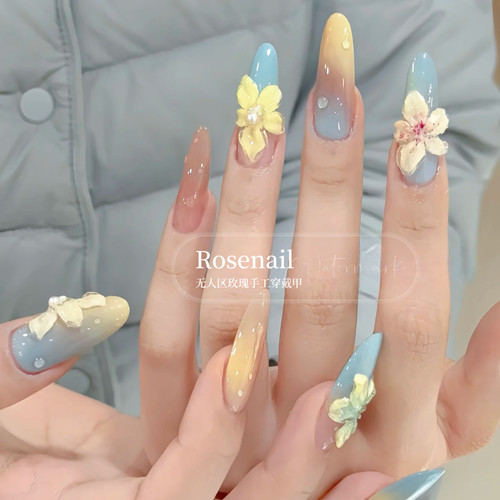 蜜桃栀夏穿戴甲夏日立体冰百合花花纯手工穿戴美甲可拆卸美甲A486