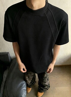美式黑色重磅正肩t恤男夏季拼接曼巴棉短袖cleanfit潮牌透气半袖
