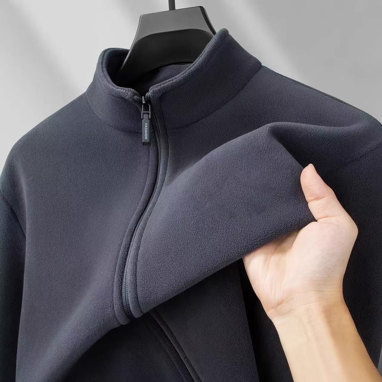 秋冬新款奥粒绒卫衣男士立领开衫外套加绒纯色大码保暖摇粒绒夹克