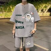 短裤 港风潮流宽松印花短袖 搭配两件套 男夏季 华夫格休闲运动套装