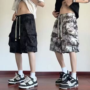 美式黑色工装短裤男款夏季高腰青少年裤子休闲扎染大口袋五分马裤