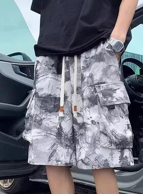 水墨画扎染工装短裤男夏季口袋设计潮牌宽松休闲五分裤学生沙滩裤