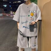 搭配痞帅运动短裤 2026印花华夫格套装 潮牌冰丝短袖 夏季 男一套 男士