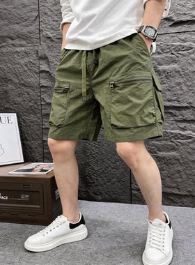 夏季户外速干工装短裤拉链多口袋中裤宽松直筒五分裤透气沙滩裤子