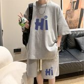 t恤男夏季 套装 薄款 帅气美式 休闲运动穿搭一整套华夫格五分裤 短袖