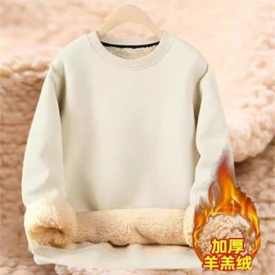 加绒加厚圆领套头卫衣男冬季羊羔绒男士超厚重磅保暖宽松纯色上衣