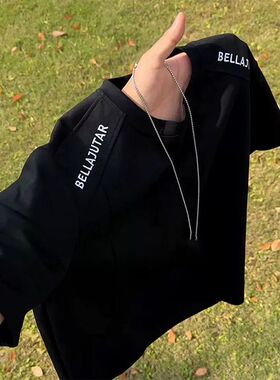 黑色重磅硬挺正肩短袖男款夏季美式字母刺绣t恤解构拼接boxy半袖