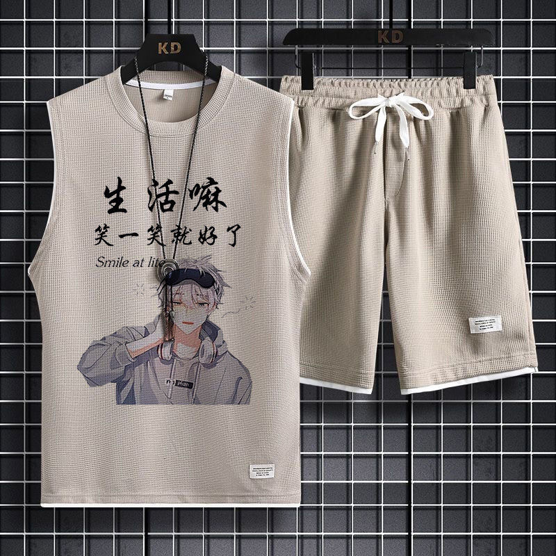 华夫格背心套装男士夏季高级宽松潮牌休闲无袖学生篮球运动两件套