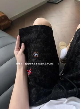 黑色斜切运动健身短裤男款夏季美式扎染刺绣裤子直筒休闲四五分裤