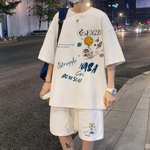 华夫格青少年休闲运动套装男生夏季宽松大码短裤短袖一套搭配帅气