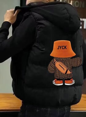 男士印花连帽马甲男款冬季坎肩背心棉衣外套情侣装2024新款棉服潮