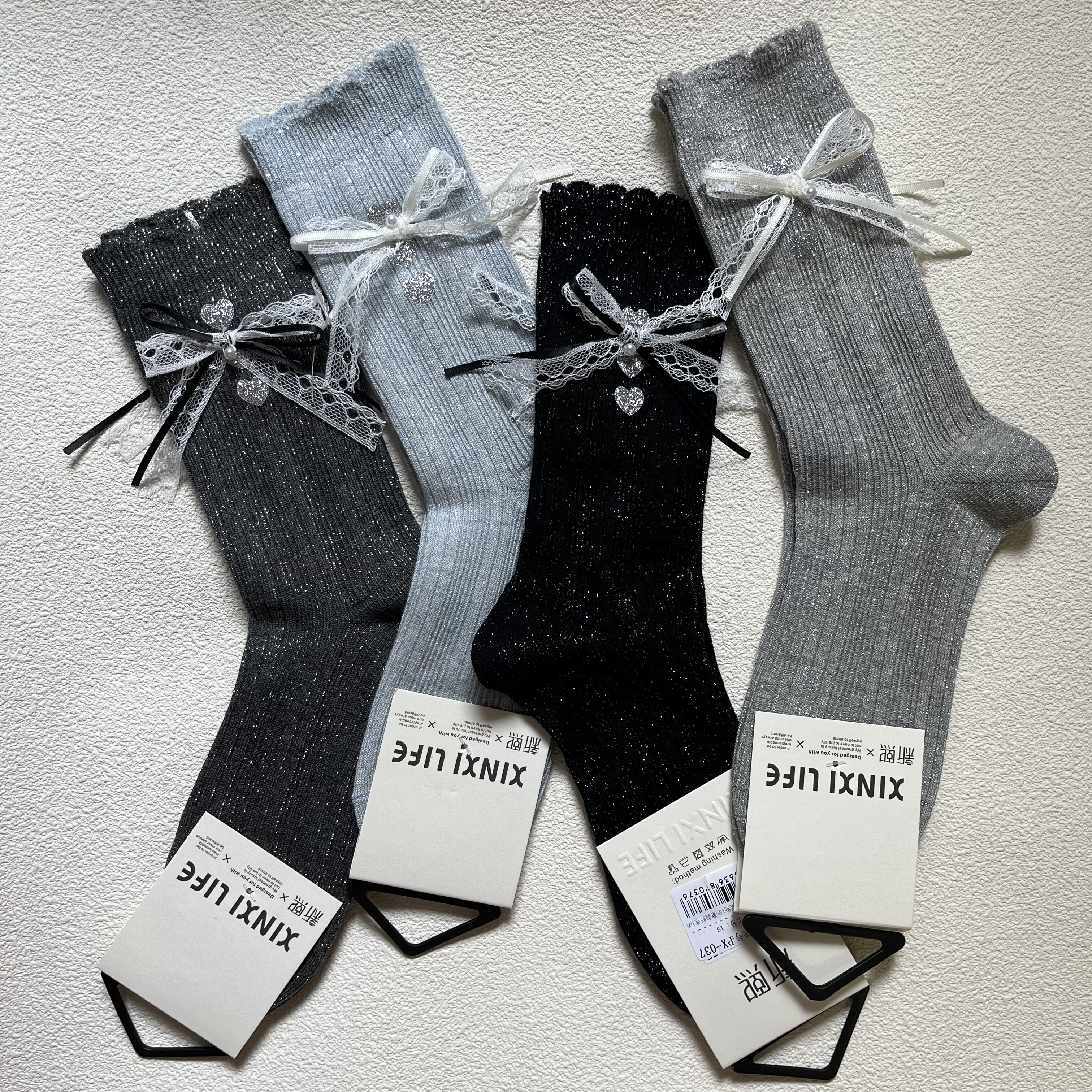 【2双包邮】秋冬烫印爱心蕾丝珍珠蝴蝶结亮丝花边甜美风中筒袜女