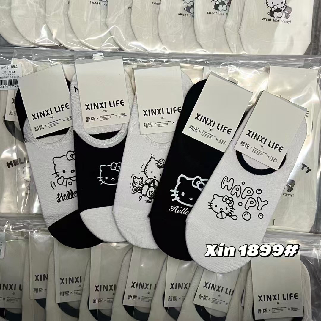 【2双包邮】夏季薄款烫印卡通Kt猫浅口隐形袜子女ins简约百搭船袜