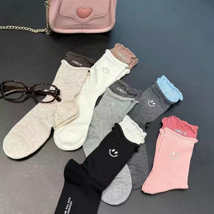 2双 春夏新款 包邮 饰袜子 袜子女笑脸卷边拼接中筒袜ins潮个性 装