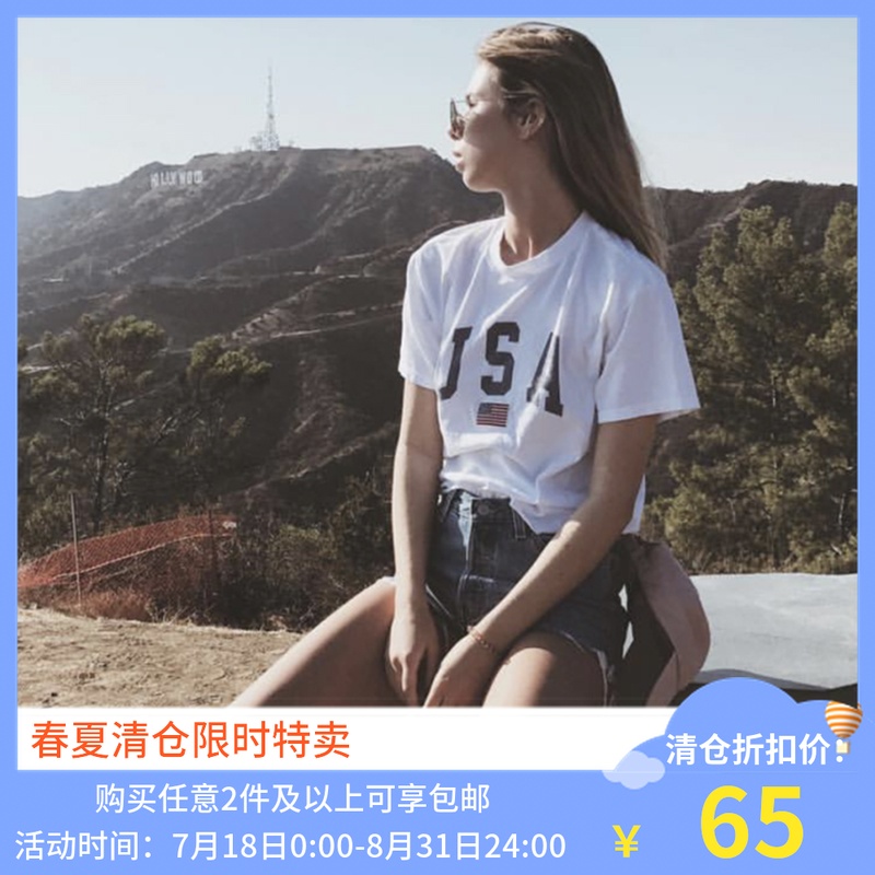 欧美街头ins同款潮人美国国旗USA字母短款白色短袖美式复古T恤女