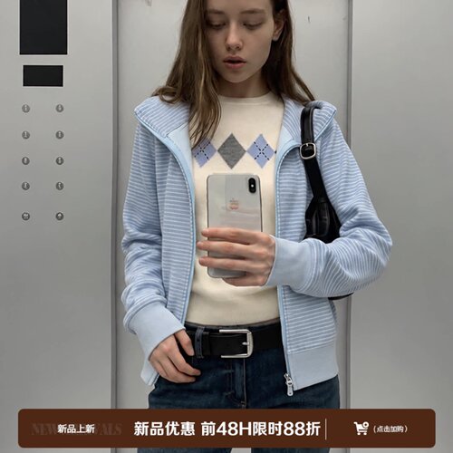 【9.18新品优惠48h】条纹连帽卫衣外套女显瘦短款休闲开衫吉萬R